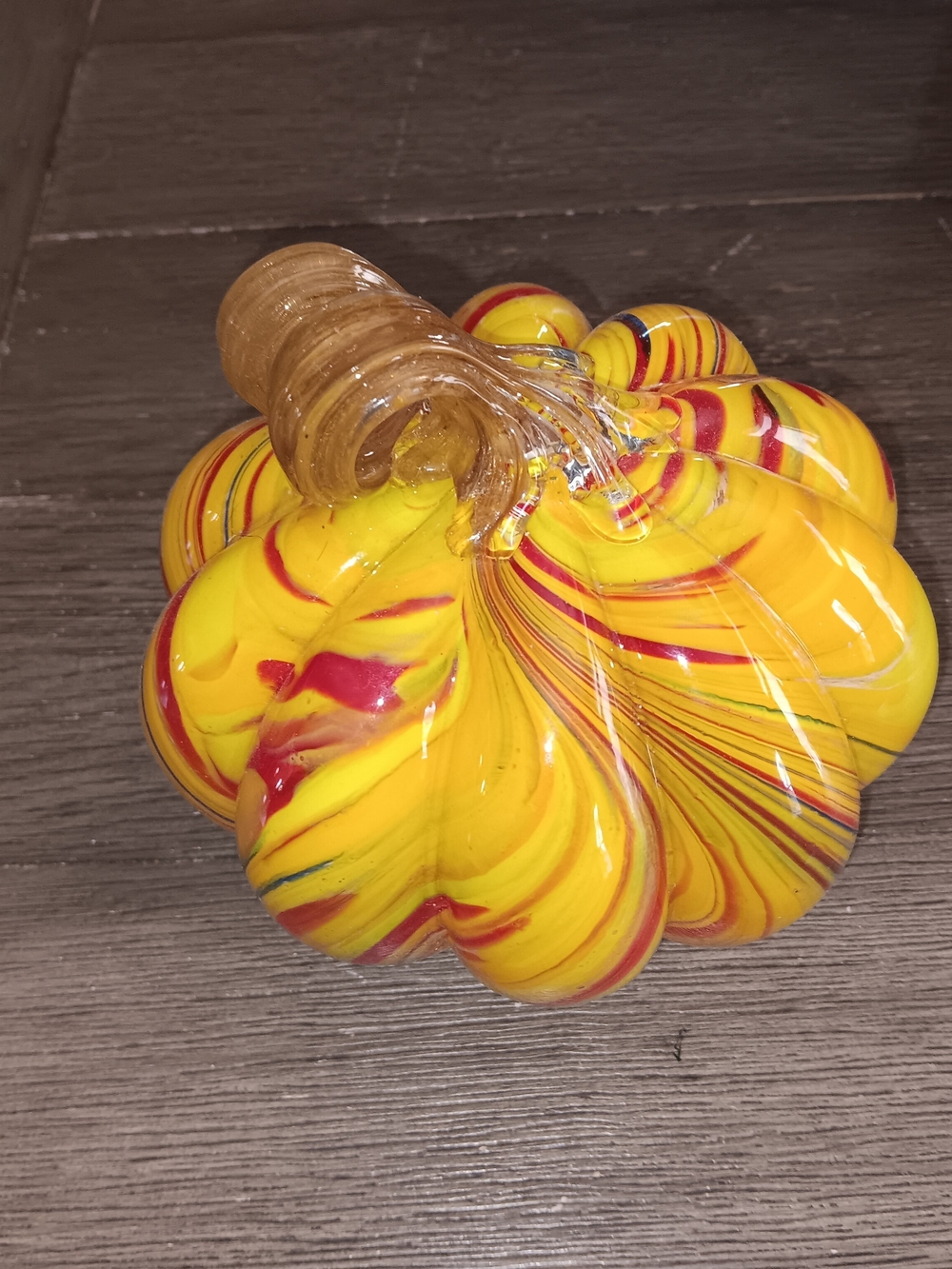 Mikasa Handblown Glass Pumpkin in Yellow with Red & Brown Accents